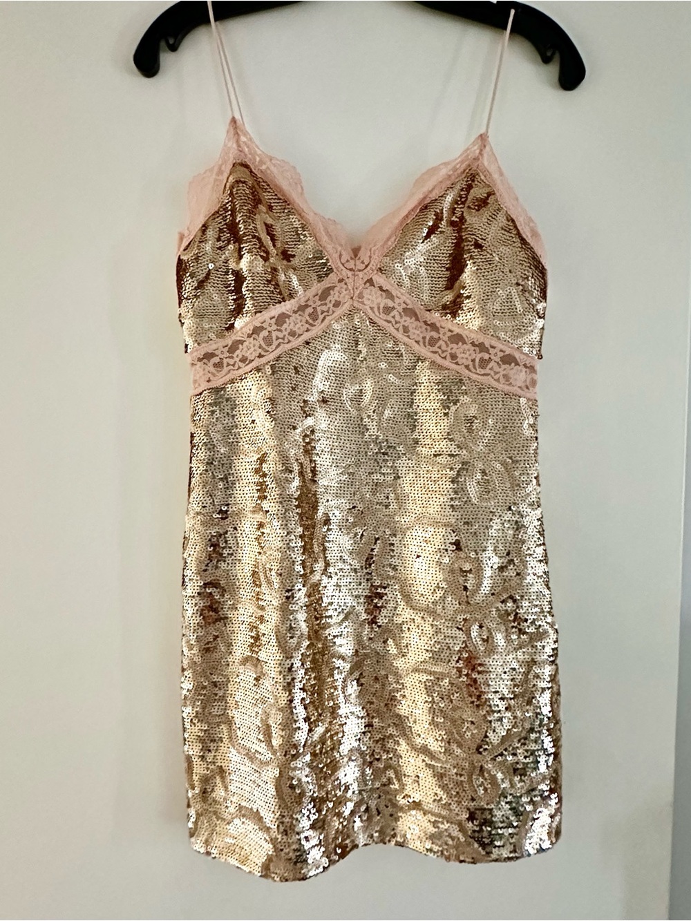 LoveShackFancy Gold Sequin Mini with Blush Lace Trim